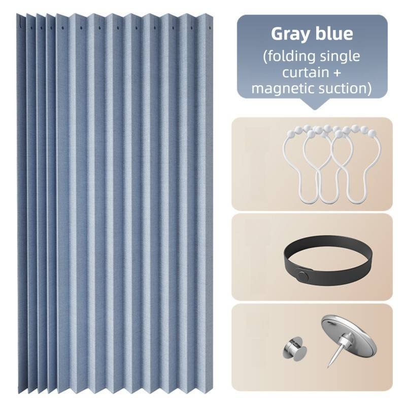 150 X 180 CM Gray Blue Linen-Look Dust Drill-Free Pull-Curtain - Folding Doorless Closet Divider with Magnetic Closure & Hanging Rings