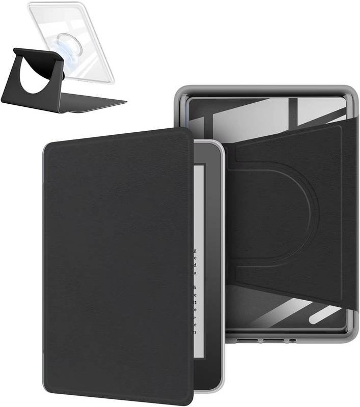 360° Rotating & Detachable Magnetic Case for 6.8" Kindle Paperwhite 11th Generation (2021)  – Auto Wake/Sleep, Hands-Free Stand, Clear Back Cover (black)