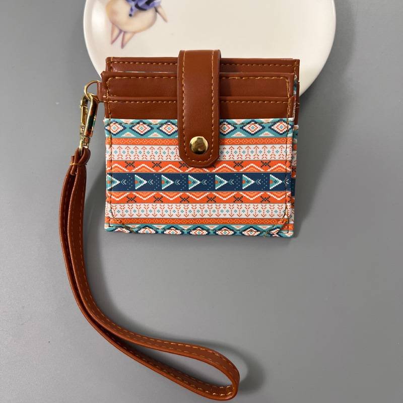 Orange Colorful Ethnic Mandala Pattern PU Leather Mini Card Holder with Wrist Strap and Buckle - Slim High-End Multi-Slot Card Sleeve for Daily Use