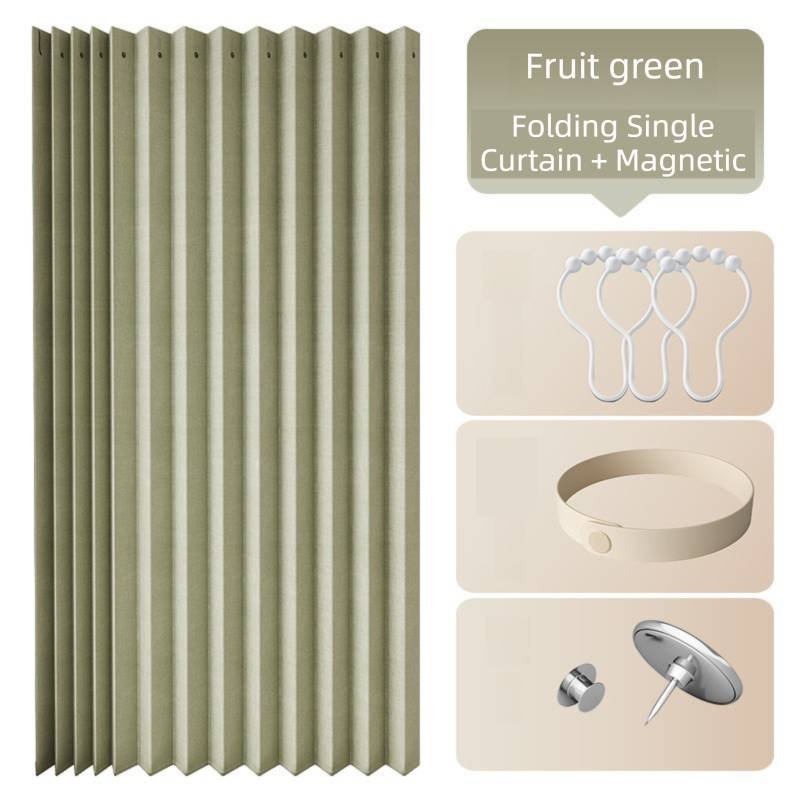 150 X 180 CM Fruit-Green Linen-Look Dust Drill-Free Pull-Curtain - Folding Doorless Closet Divider with Magnetic Closure & Hanging Rings