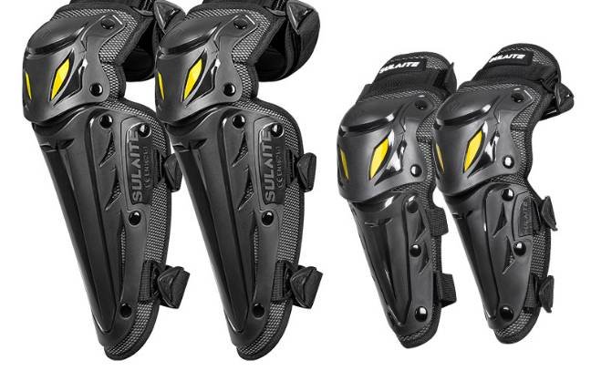 SULAITE CE Level 1 Certified 4 Piece Motorcycle Protective Gear Set Silver Knee Pads and Elbow Guards Long Shin Armour Quick Release for Motocross Dirt Bike