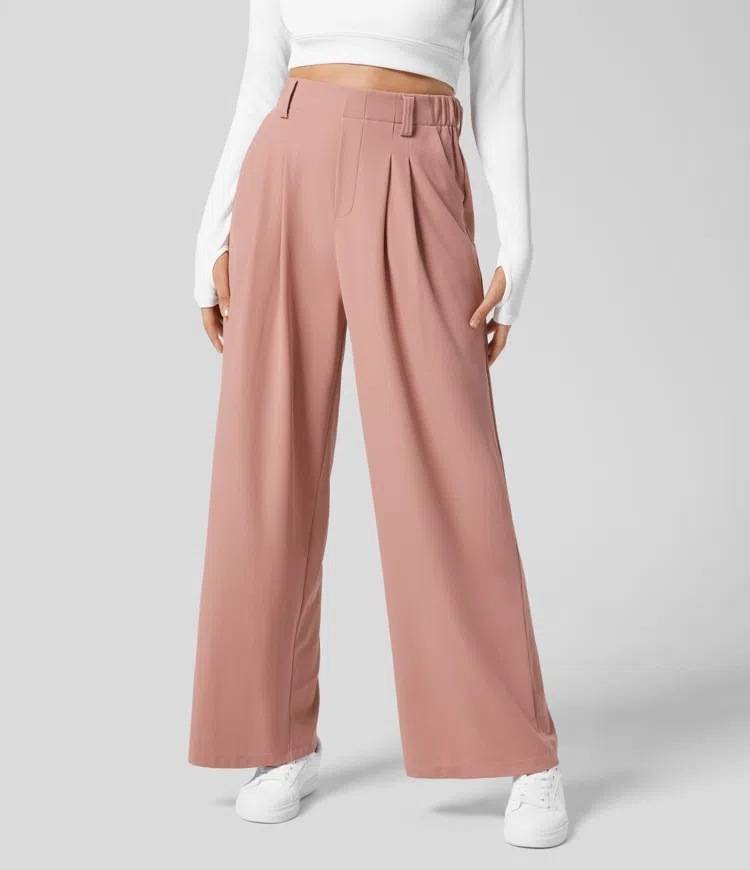 XXL Pink Drapey High-Waist Wide-Leg Trousers - Loose Fit Casual Long Pants for Women