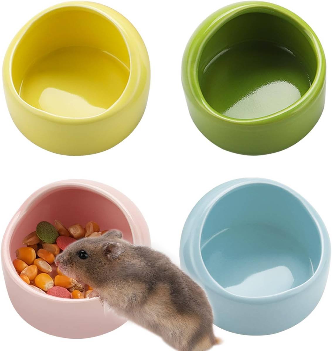 4 Pack Small Hamster Food Bowl Ceramic Guinea Pig Food Dish No Spill Hamster Food and Water Bowl Small Animal Food Bowl for Chinchilla Hedgehog Hamster Gerbil - Pink Blue Yellow and Green