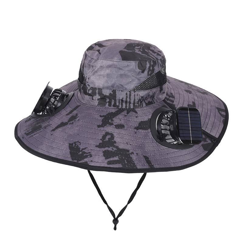 Camouflage Grey Dual Turbo Fan Sun Hat with Square Solar Panel & TypeC Interface - Waterproof 14cm Wide-Brim Cooling Hat for Outdoor Fishing Hiking Camping