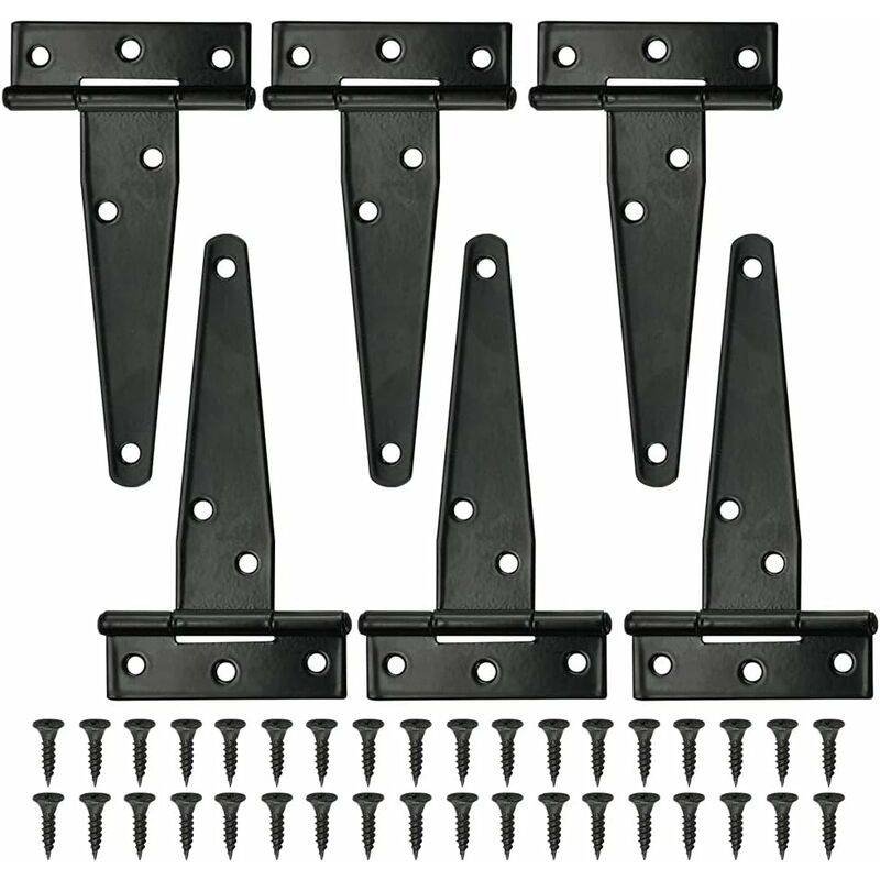 6 pcs Black T-Hinge Barn Door Hinge 4 Inch Exterior T-Hinges With 36 Screws Iron Door Hinges Heavy Duty Hinges For