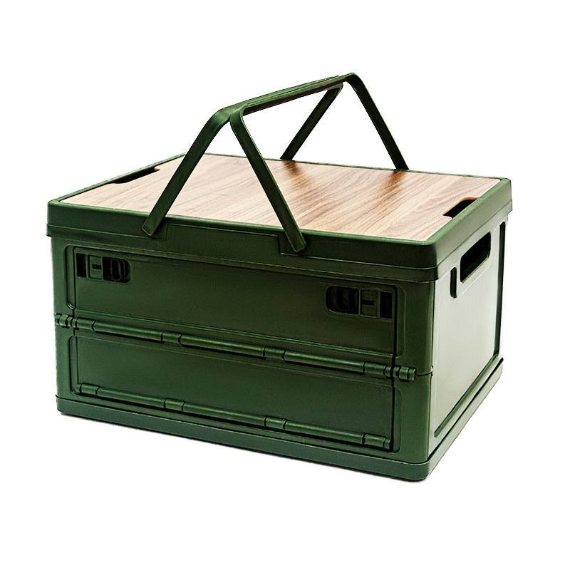 Green Collapsible Medium Side-Open Handle Storage Box with Wooden Table Top(42x28x23CM) - Car Trunk Organiser for Australian Camping & Home Use