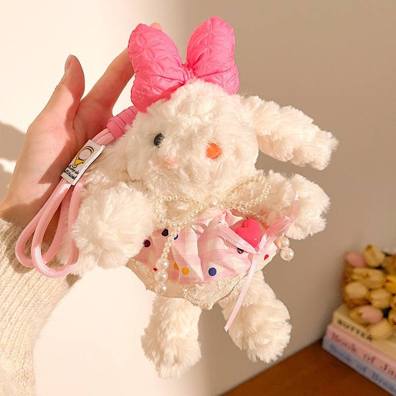 Pink Cute Floppy Eared Bunny Plush Doll with Pearl Necklace and Ribbon Dress - Adorable Keychain or Bag Charm for Girls(F-4975)