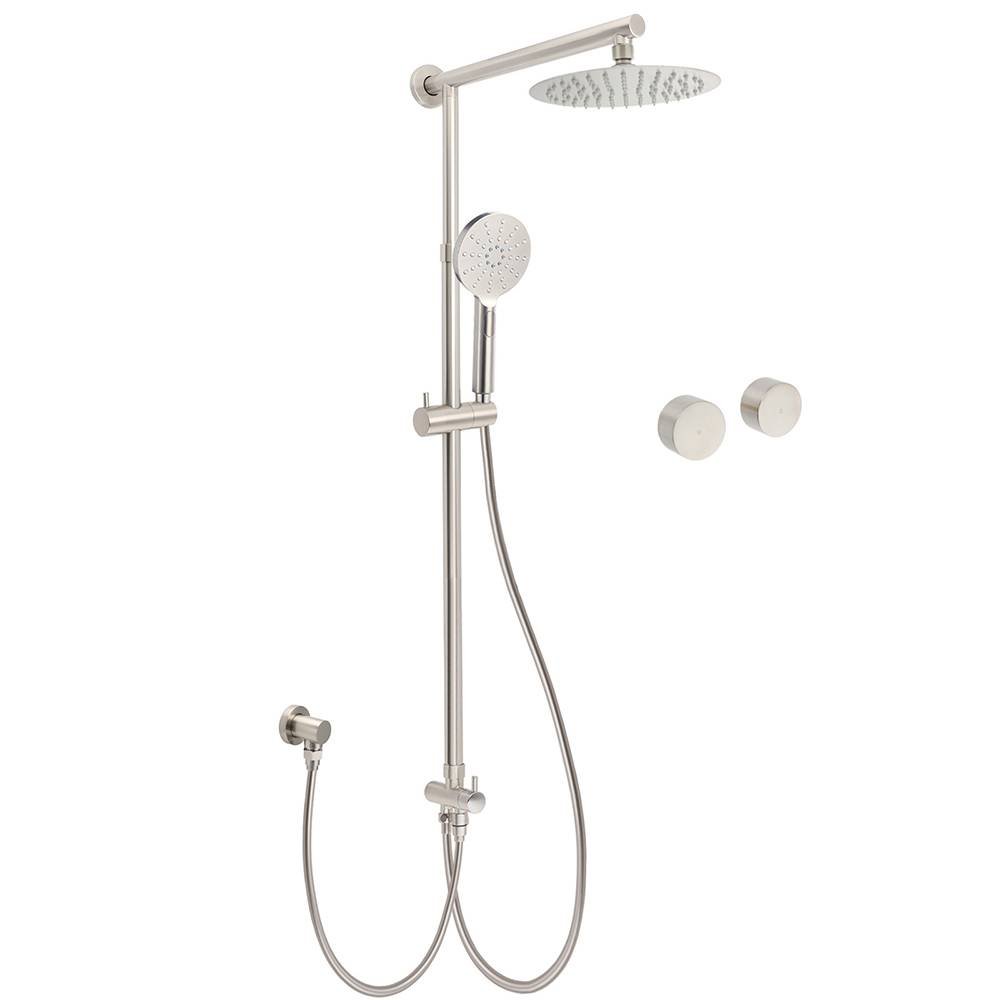 Brushed Nickel Round 8" SUS Rain Head Shower Handheld Sliding Rail Arm Chrome Set + Twin Taps