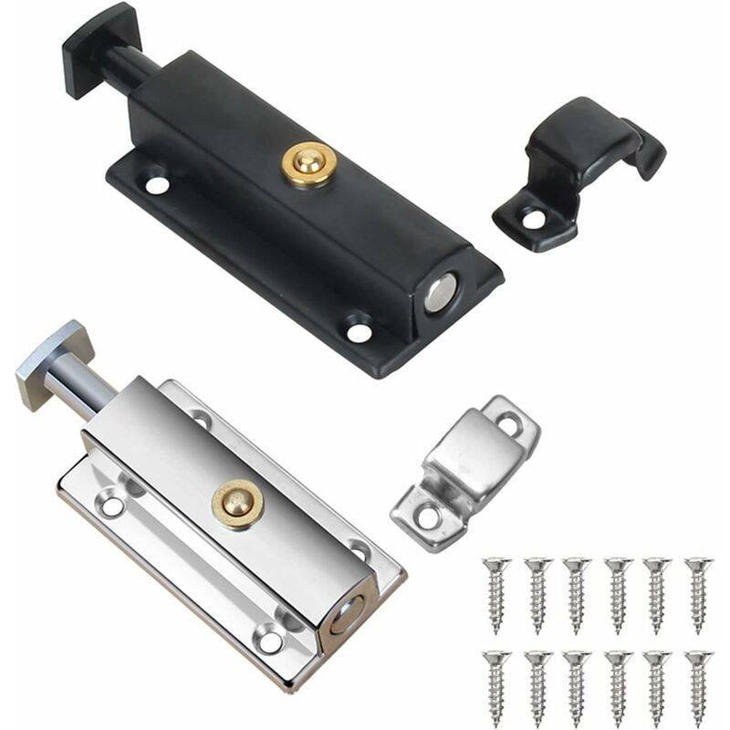 2 pcs Interior Door Lock, Bathroom Door Lock With Spring Knob, Silver, Black Automatic Door Lock 4 Inch/100Mm, For