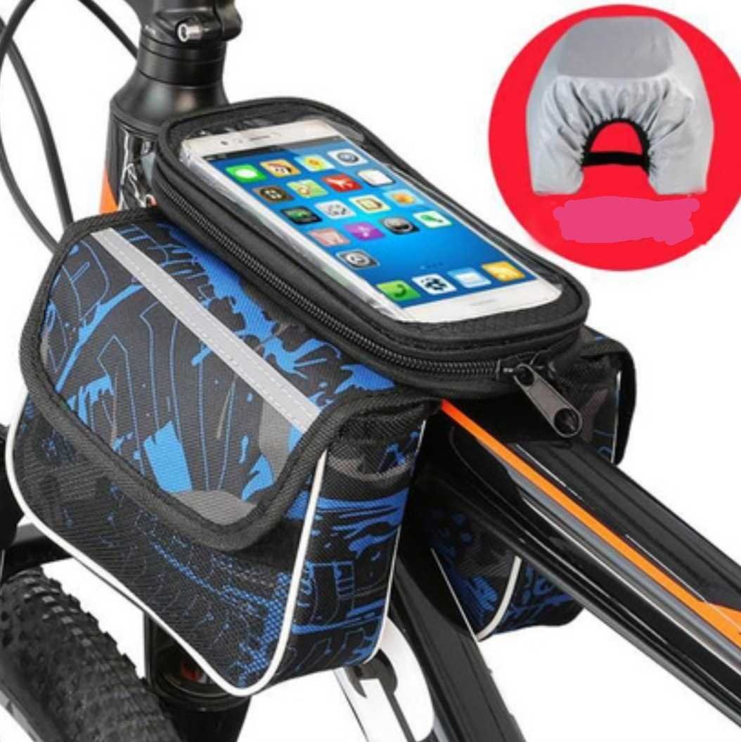 Blue Bicycle Top Tube Frame Bag with Detachable Touch Screen Phone Holder Waterproof Double Pouch Cycling Saddle Bag for Mountain Bikes