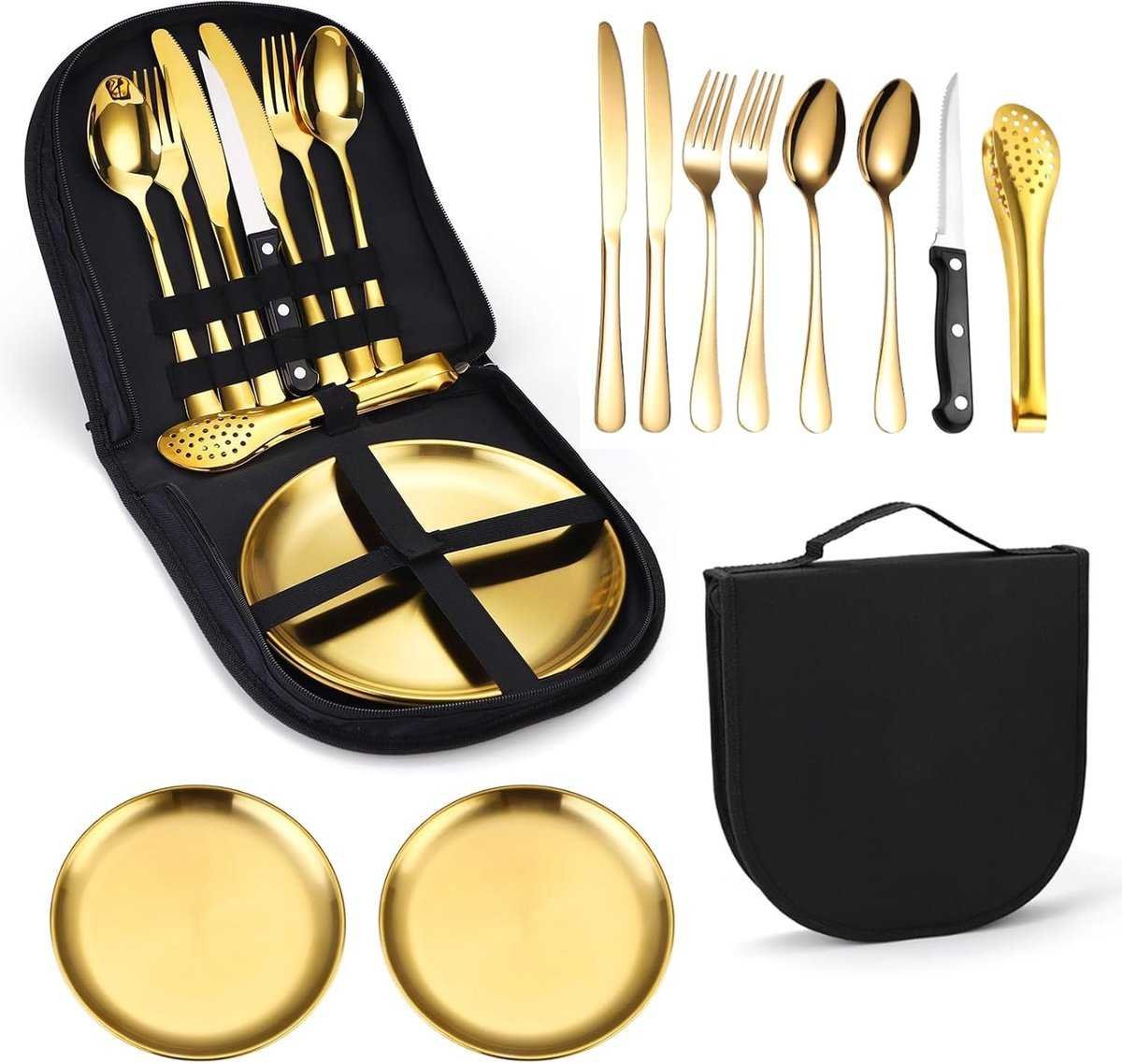 2 Person Cutlery Set (10-piece) - Camping Set for 2 People - Spoons, Knives, Forks, Steak Knives - 10 Pieces Stainless Steel Cutlery - Including Carrying Bag - For Picnic & Travel - Gold