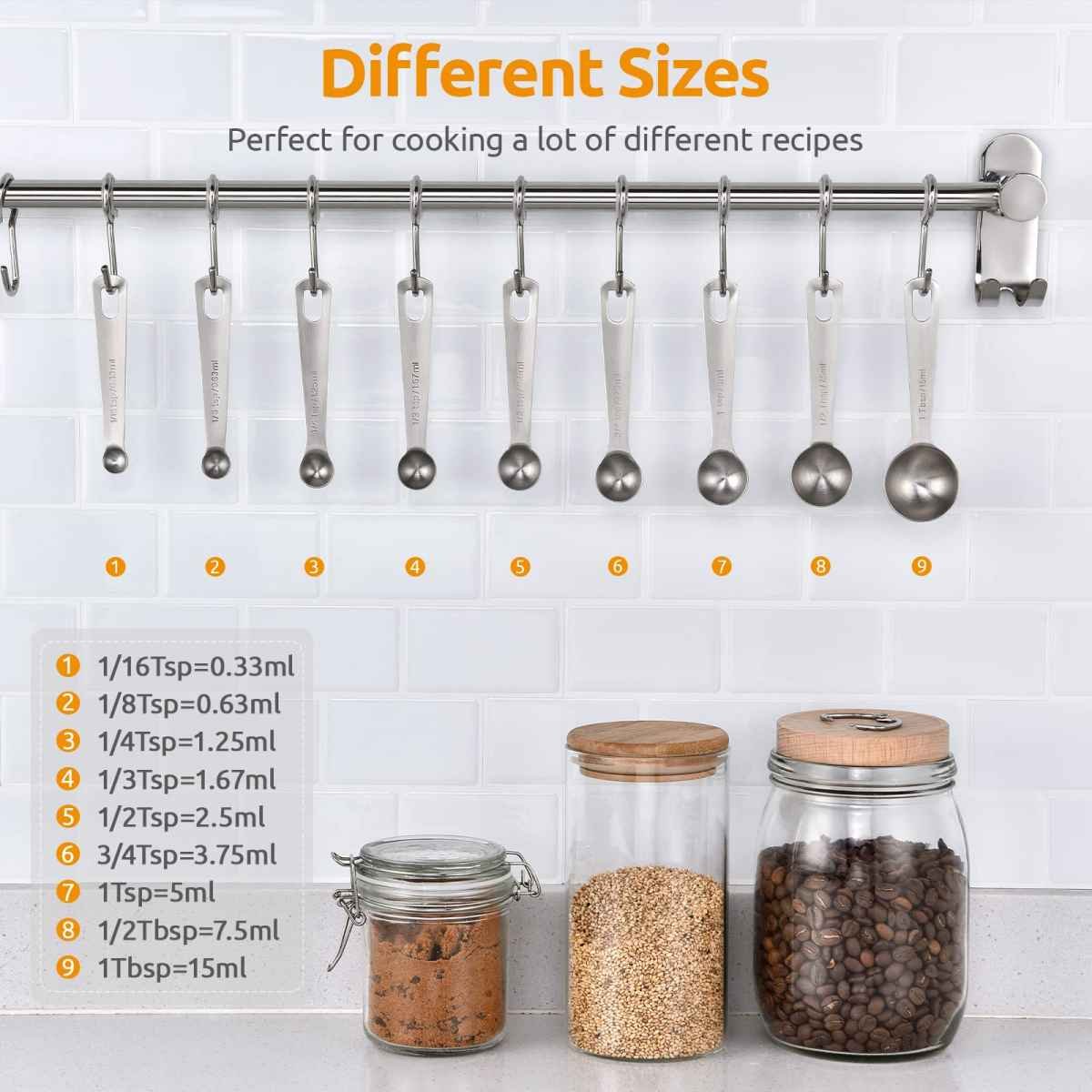 Stainless Steel Measuring Spoons - Measuring Scoop Set - Baking Tools - Kitchen Accessories - Tablespoon and Teaspoon Measure - Coffee Scoop - Stainless Steel - Cookware - Baking Supplies - Dishwasher Safe - Spice Scoops - Silver - 10 Pieces