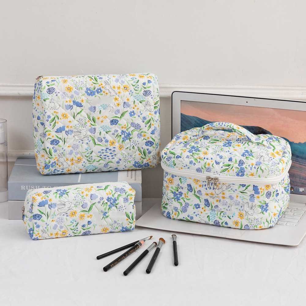3SET Quilted Floral Makeup Bag Collection Cute Rabbit Pattern Cosmetic Pouch &Travel Toiletry Organizer & Pencil Case for School and Home
