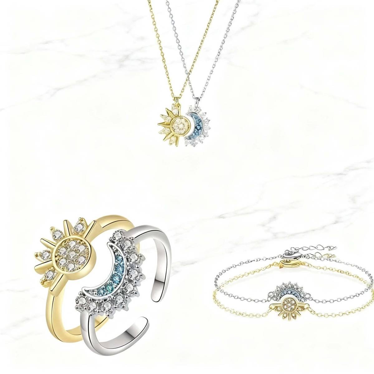 Sun and Moon Friendship Jewelry Set – 6-Piece Matching Ring, Necklace & Bracelet Duo for Best Friends in Gold and Silver Tone with Cubic Zirconia