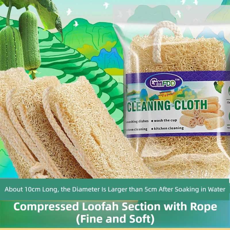4-Pack Premium Soft Square Natural Loofah Segment Scrubber With Hanging Rope - Zero Waste Kitchen & Bath Loofah (Expands to >5cm Diameter & L 10CM)