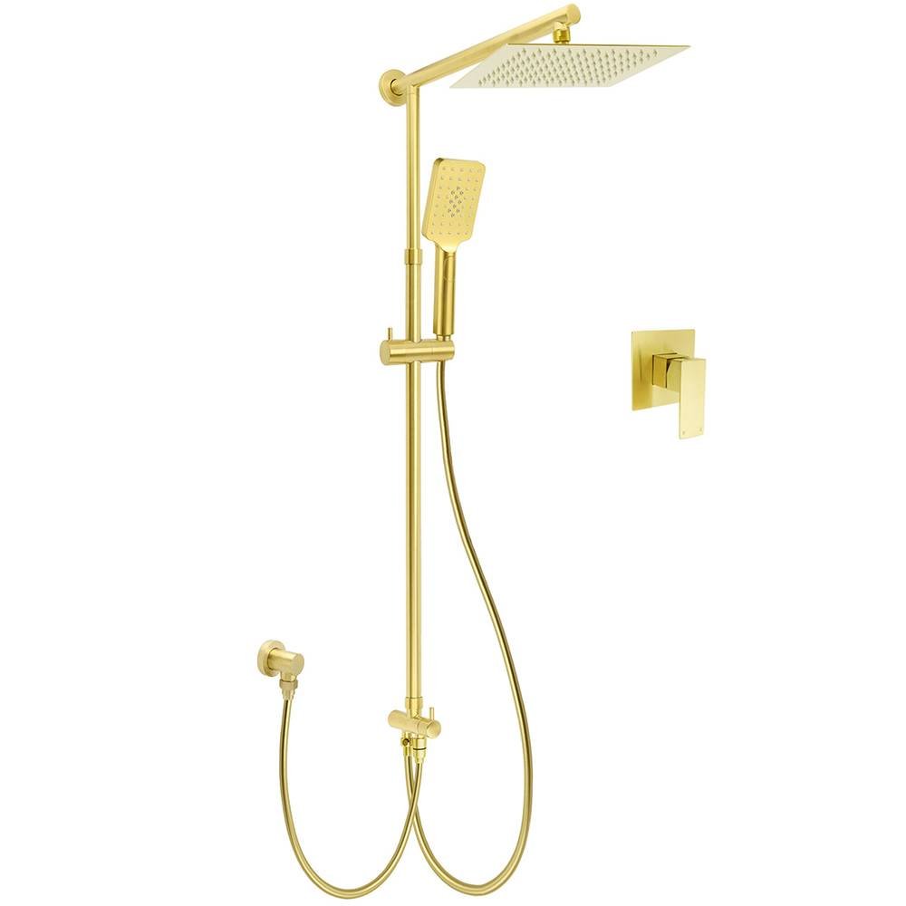 WELS Brushed Gold Square 10" Rain Head 3 Mode Handheld Sliding Rail Wall Mixer 2in1 Shower Set