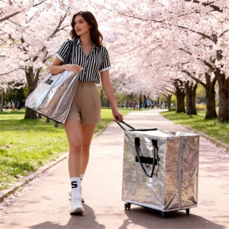 Rose-Gold Portable Folding Shopping Trolley Bag(50x40x30CM) - Durable Woven Fabric, Reusable Grocery Bag with Wheels for Effortless Travel