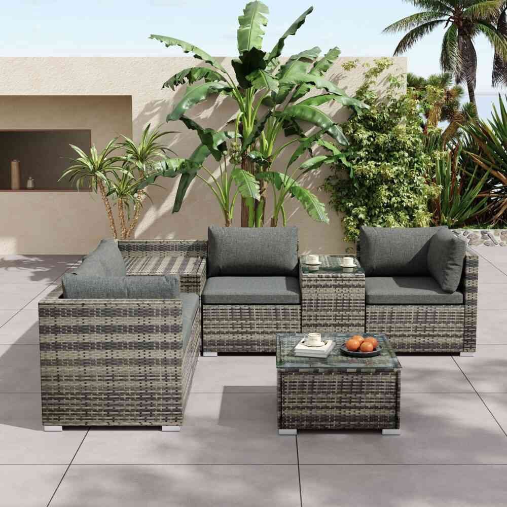 7PC Outdoor Wicker Lounge with Storage Corner (Grey)