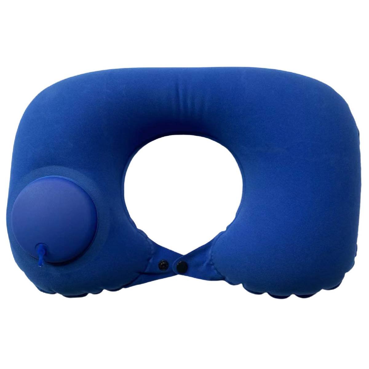 2-PCS Medium blue Inflatable Travel Neck Pillow Press to Inflate U-Shape Soft Flocking Support Cushion for Airplane Car & Camping Portable Air Pump Design