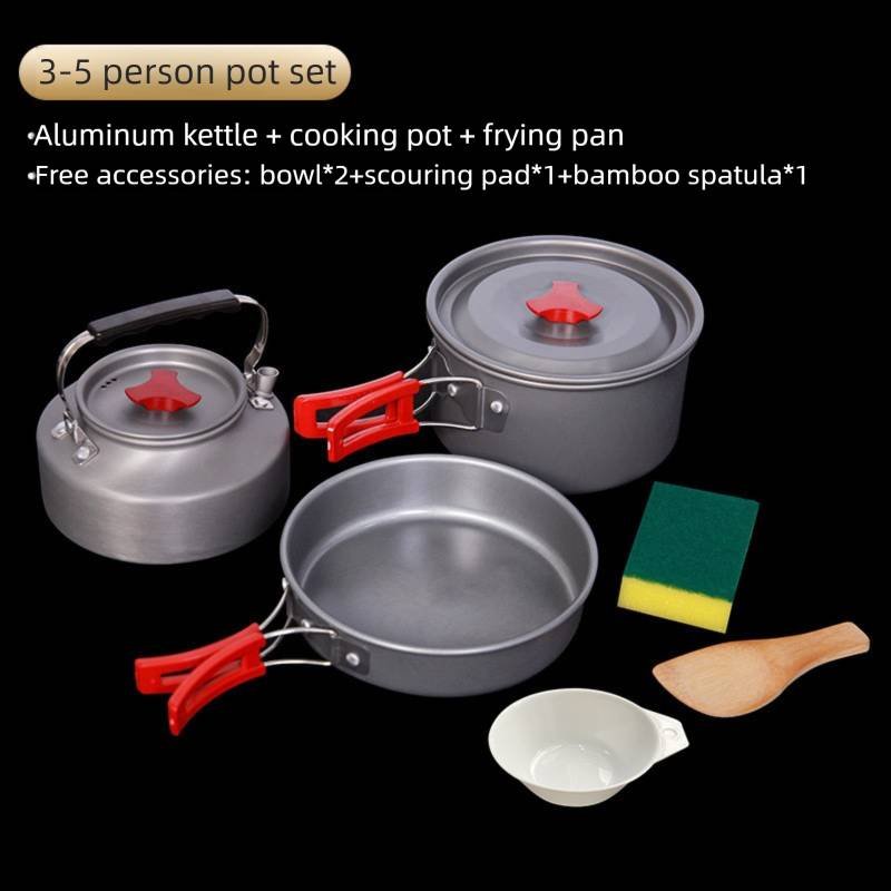  Portable Camping Cookware Set for 3-5 People Aluminum Kettle Pot Frying Pan Mess Kit with Folding Handles for Hiking and Outdoor Use