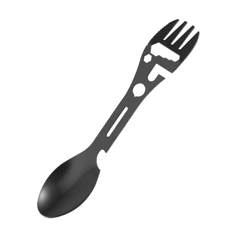 Stainless Steel Spoon and Fork - 10-in-1 Multi-Tool - Works as a combination spoon, fork, knife, bottle opener and wrench - Ideal for picnics, travel, backpacking, hiking and fishing - Black