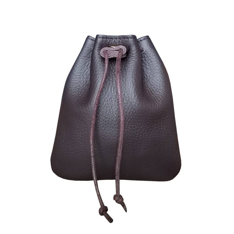 S Coffee Handcrafted Genuine Leather Drawstring Pouch - Vintage Cowhide Coin Purse and Card Organizer - Portable Minimalist Storage Bag