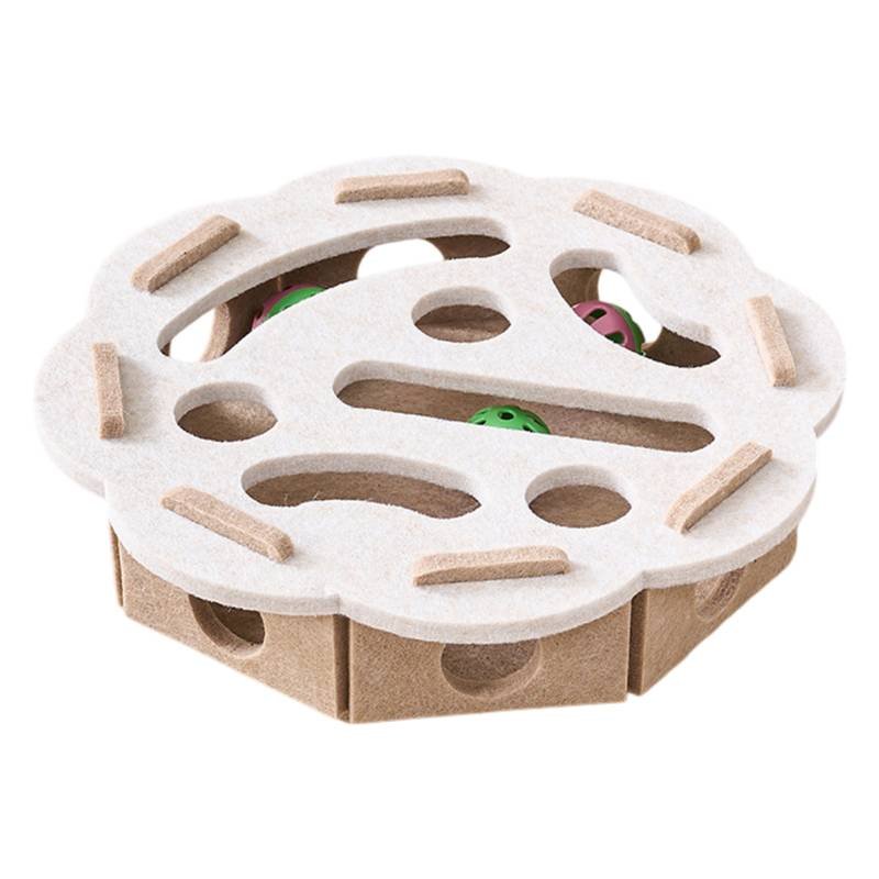 White Felt Puzzle Flower Shape Box Cat Toy with 2 Metal Bell Balls - Scratch-Resistant & Interactive Hide-and-Seek Toy, Brain Stimulating Fun