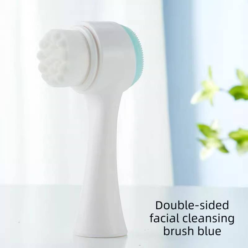 2-in-1 Dual Sided Facial Cleansing Brush Soft Microfiber & Silicone Scrubber Manual Face Washer Exfoliator Tool Blue for Deep Pore Cleaning