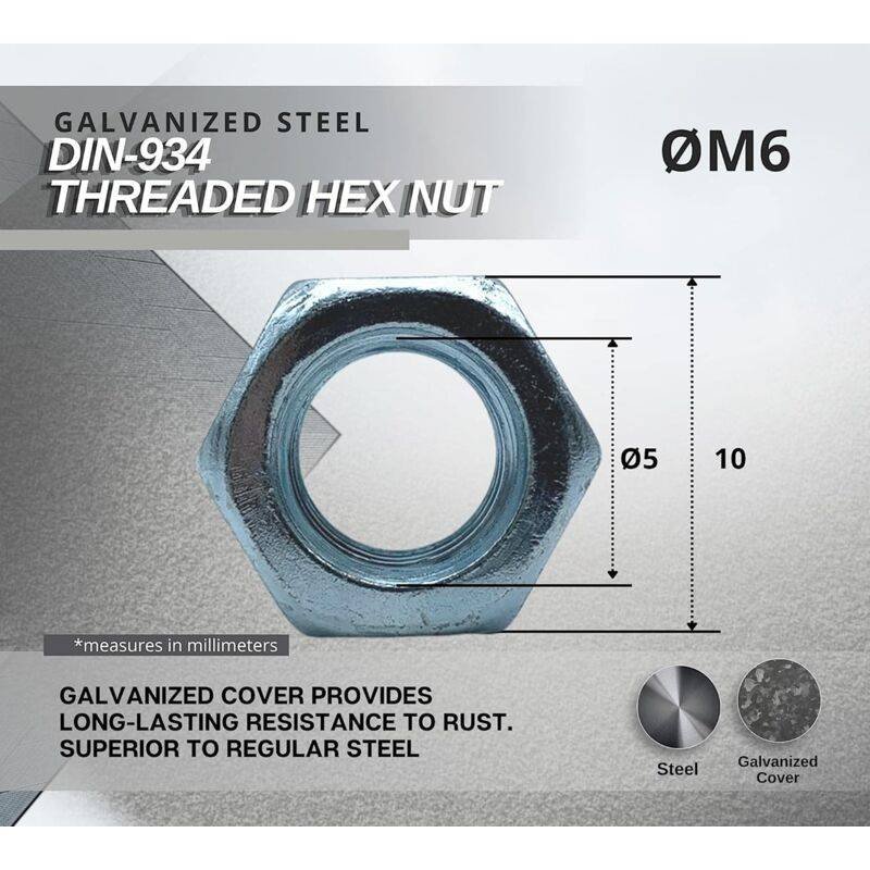 Nut 50 Hexagonal Nut M6 5Mm X 10Mm Galvanized Steel Din 934 Nut M6 For Bolts And Nuts, Coupling Elements, Adjustment