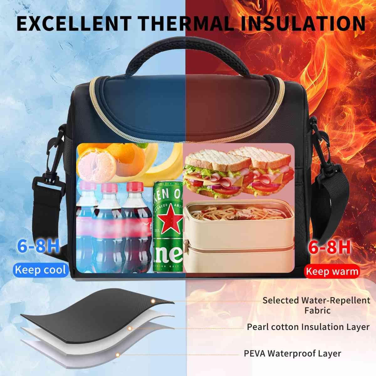 Insulated Lunch Bag with Adjustable Shoulder Strap – 8L Cooler Tote for Work, School, Picnic & Outdoor Use (Black) | Other Colors Available in Store