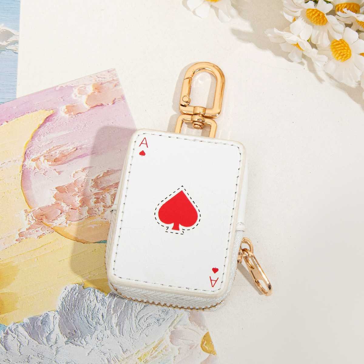 Ace of Hearts Mini Pouch Keychain PU Leather Coin Purse Earphone Case Bag Charm Cute Playing Card Keyring Gift