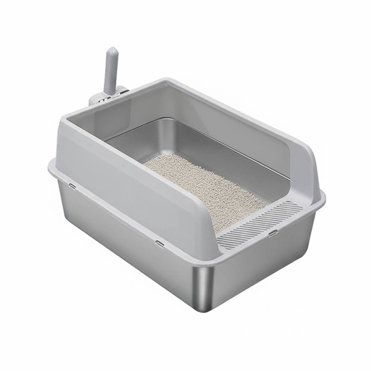P&P Grey Silver Stainless Steel Cat Litter Box with High Sides, Open Top and Scoop