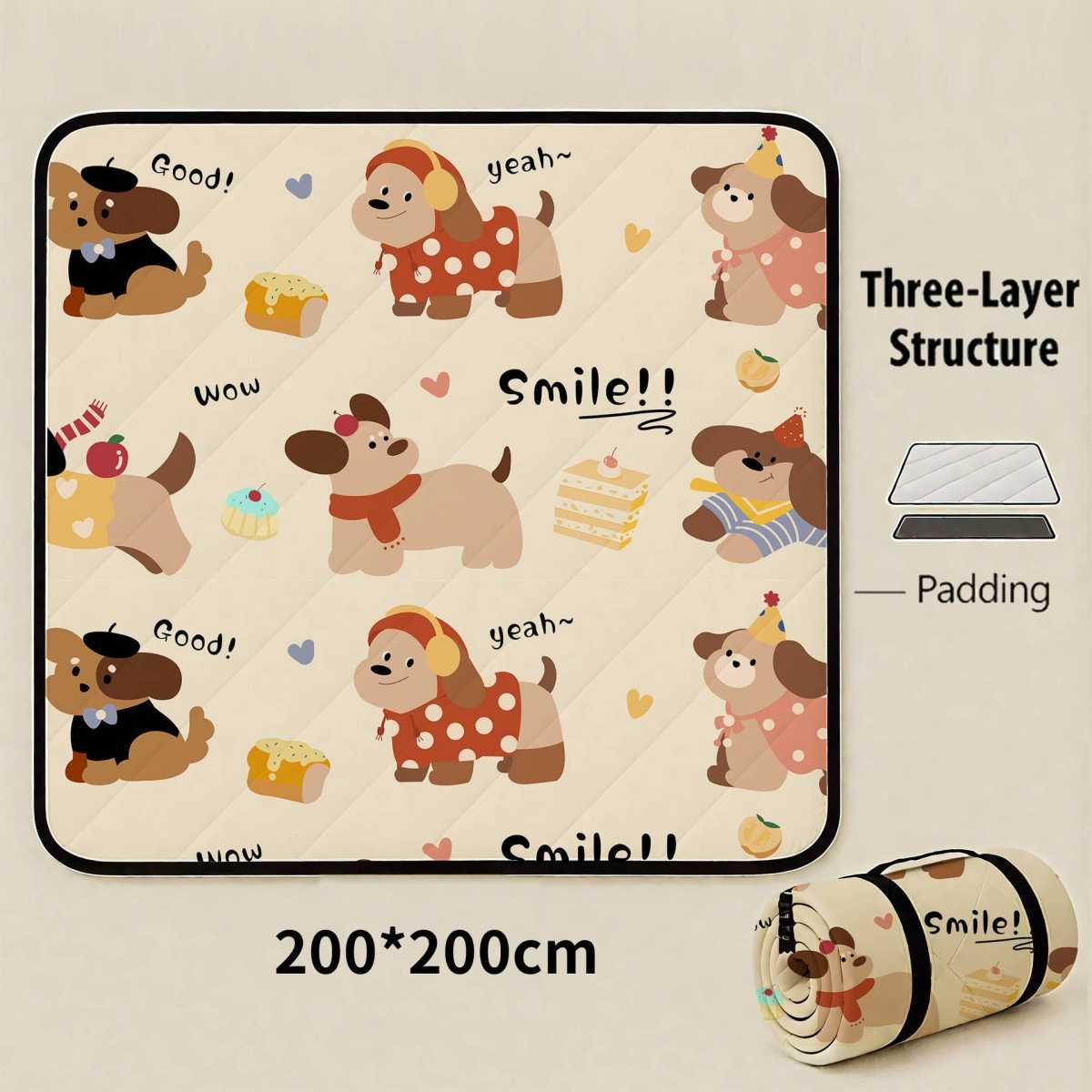 Smile Dog Extra Large 200x200cm Waterproof Picnic Mat - Portable Thickened Oxford Cloth Outdoor Camping Blanket for Beach, Parks and Family Outings