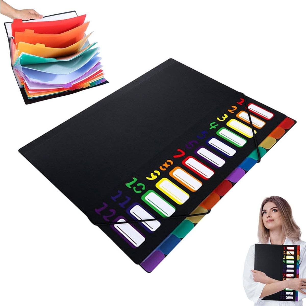 A4 Expandable Project Folder - A4 Sorting Folder - 12 Compartments - File Folder with Tabs - Compartment Folder - Desk Folder - Storage Folder - Document Folder - Work Folder - Clear Classification - Black