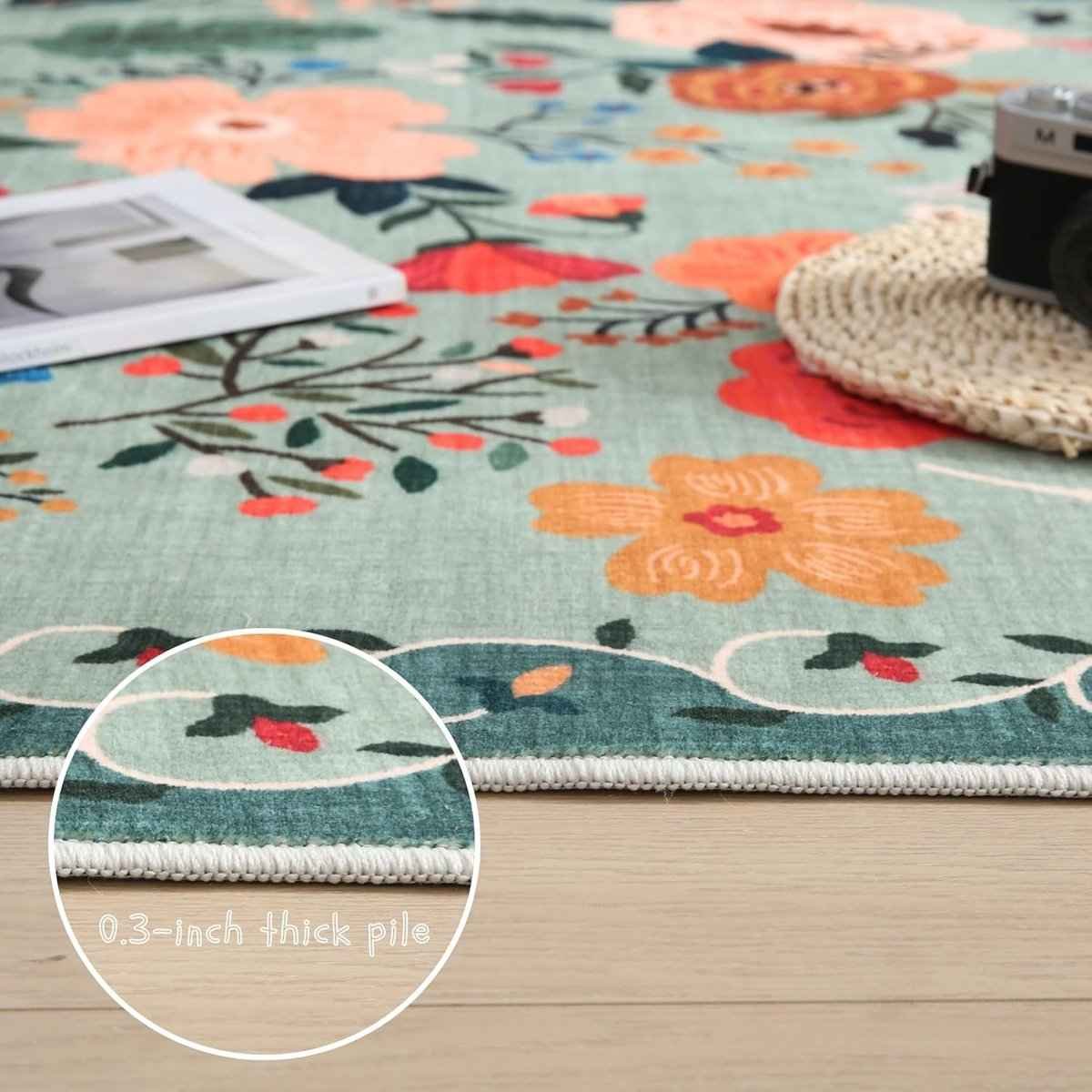 doormat - Indoor doormat - printed indoor doormat - Machine washable - vintage pattern - Boho style - Small rug with floral motif - Non-slip low-pile rug for entrance, kitchen, front door, hallway, children's room - 40 x 60cm - Green