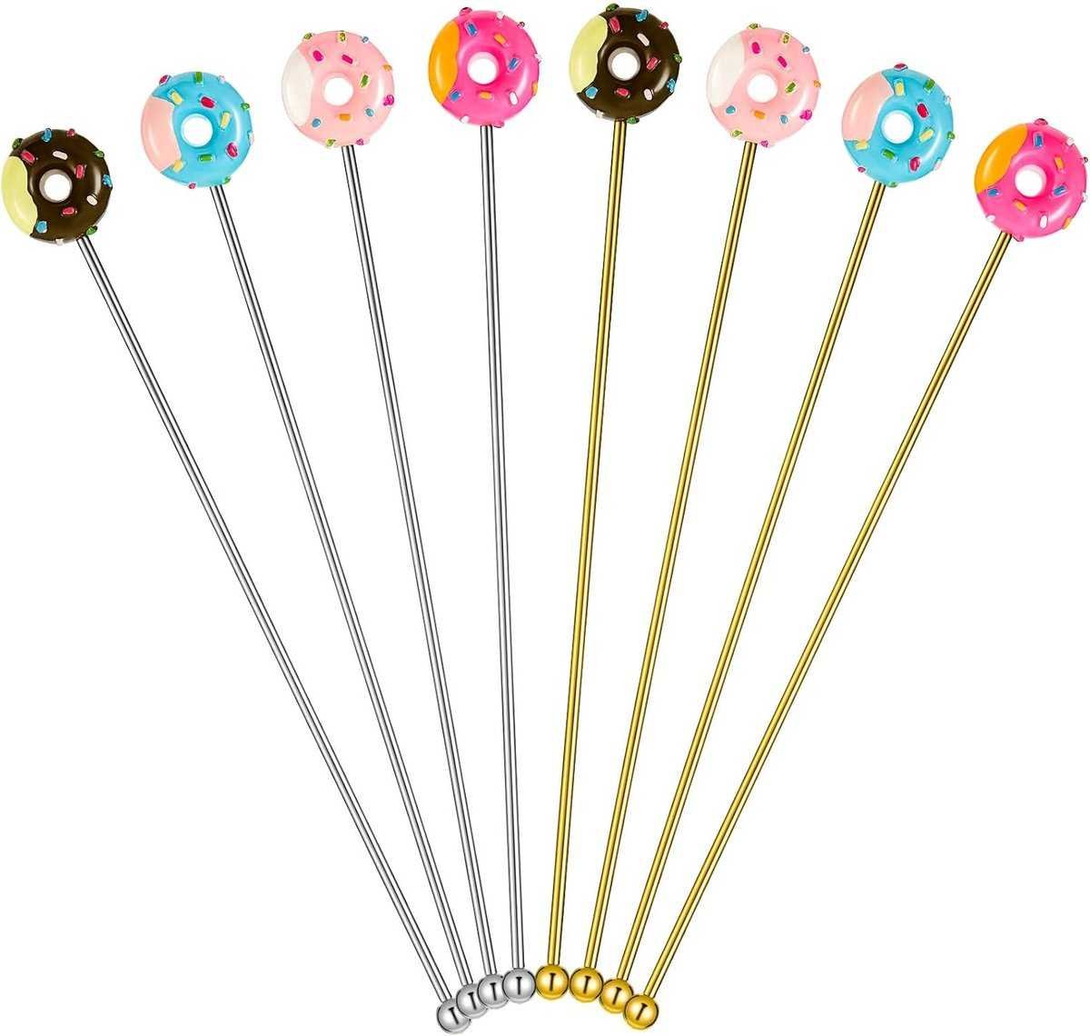 8 stainless steel stirrers - Donut cartoon design - Reusable stirrers for coffee and drinks - 7.5-inch long stirrers - Long-stem cocktail picks - Perfect as a donut gift and party decoration - 4 gold and 4 silver pieces