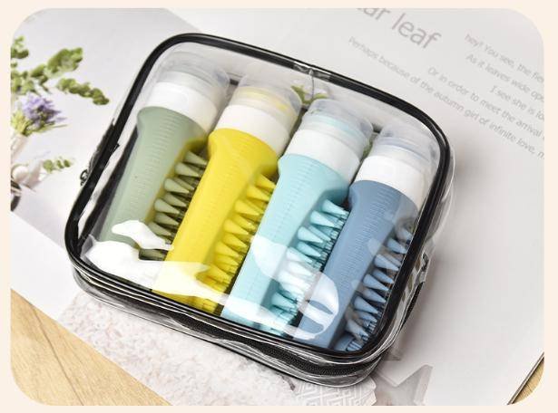 Combination B Travel silicone refillable water bottle set – multi-functional soft-press dispenser with brush and storage bag (4-pack)