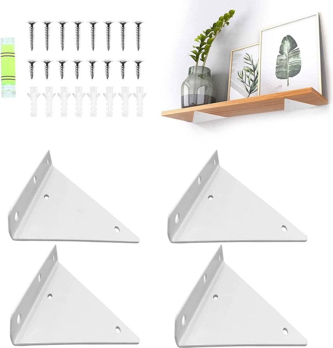 Shelf Brackets - 4 Pieces - Triangular Shelf Bracket - Wall Bracket - Wall Brackets - 80*100mm - Steel - Invisible - Triangular - Incl. Mounting Material - Floating Shelf Holder Wall Bracket - Metal Shelf Brackets - White - For Living Room, Bedroom, Garag