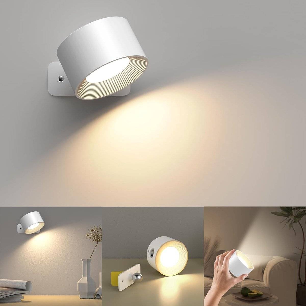 Wireless Rechargeable LED Wall Lamp Indoor White - 3 Colors/3 Brightness Levels - 360° Rotatable