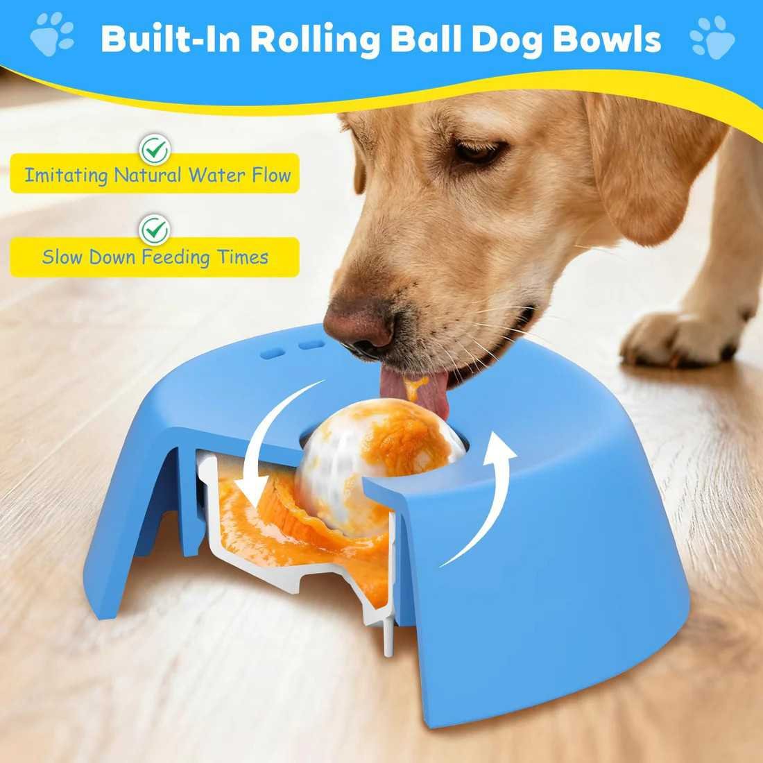 Blue bowl, white ball Slow Feeding Dog Bowl with Built-In Rolling Ball – Anti-Spill Pet Lick Dish for Healthy Eating Habits