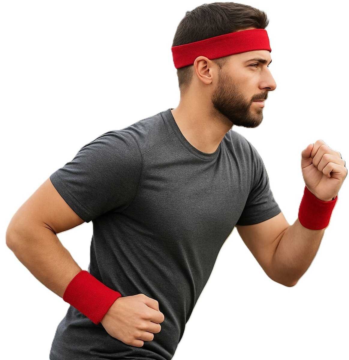 Set of Headband and 2x Wristbands Set | Sweatband | Sweatbands 6x8 CM | Head and Wrist | Sports Bands | Red