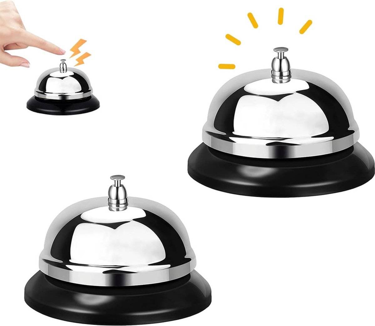 Table Bell - 2 Pieces - Reception Bell - Small Table Bell - School Bell - Counter Bell - Hotel Bell - Butler Bell - Kitchen Bell - Hospitality Bell - Santa Claus Bell - Stainless Steel - 9 Cm - Loud Sound - Bell - Silver/Black