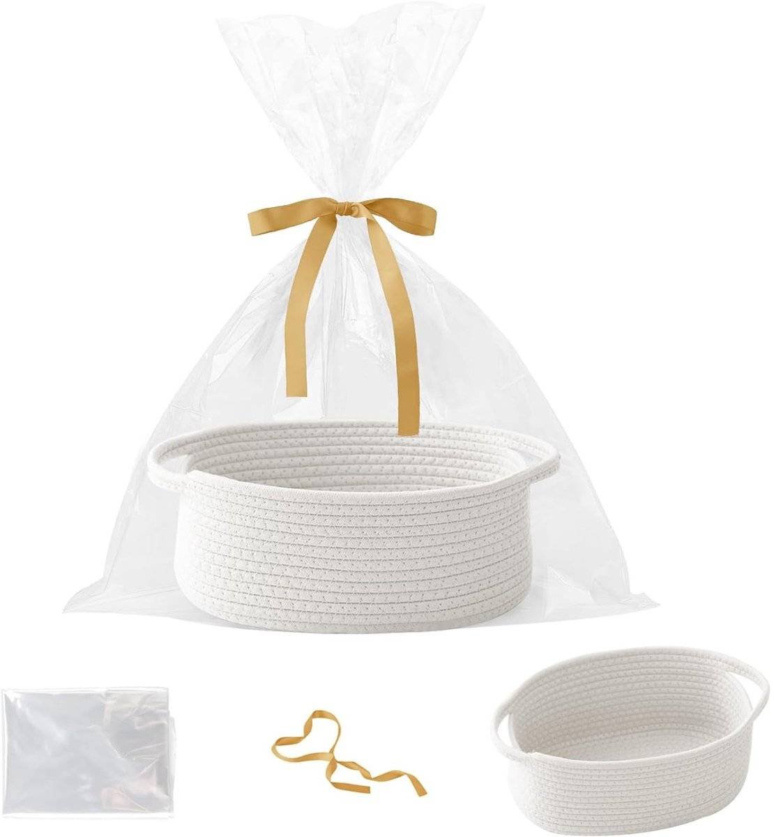 Gift basket with gift bag and ribbons - Small woven rope storage shelf - Empty gift baskets - Decorative storage box for birthday party for cat, dog, pet with handles (white)