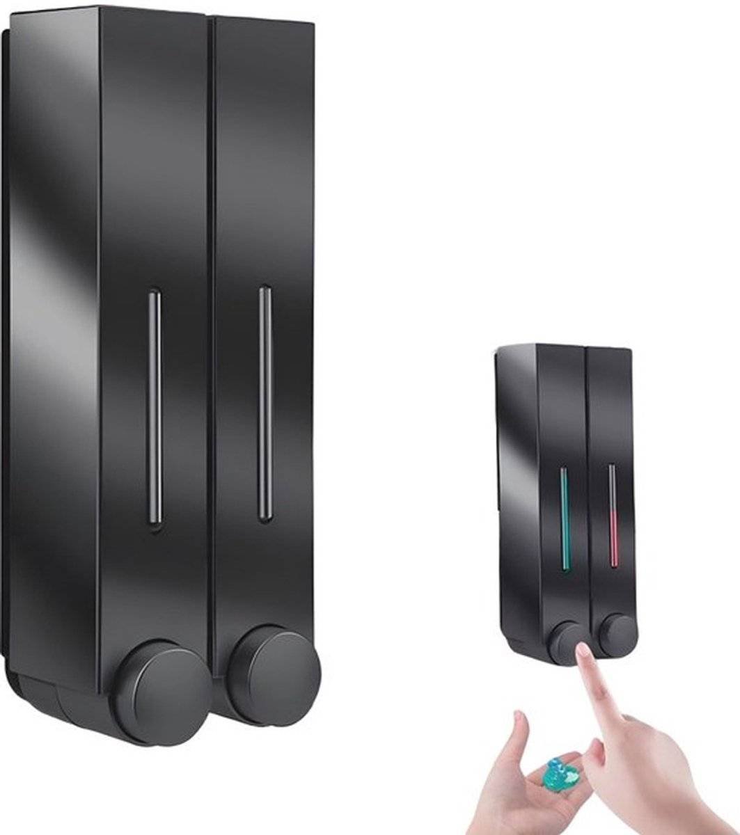 Shampoo Dispenser - Soap Dispenser - Soap Dispenser - ABS - Liquid Level Indicator - 2 Leak-Proof Reservoirs - 2x420ml - Push-Type - No Drilling Required - Soap Pump - Soap Pump - Hanging - Wall Mounting - Shower/Kitchen - Bathroom Accessory - Black - Dur