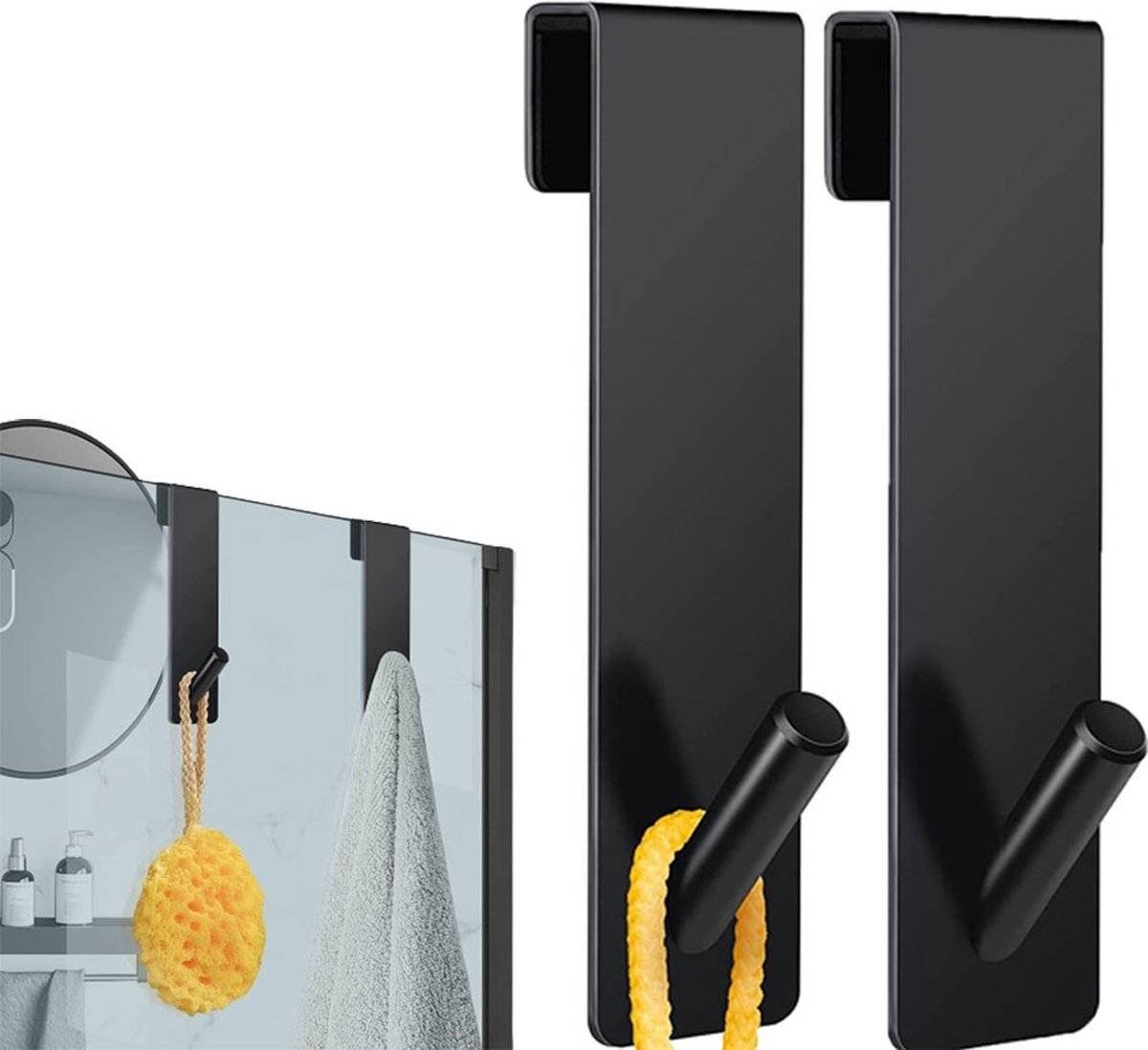 Stainless Steel Shower Hook - 2 Pieces - Universal Shower Cabin Hook - Shower Wall Hook - Drill-Free Shower Hooks - With Anti-Slip Pad - Shower Wall Towel Hook - Bathroom Hook - Glass Shower Wall Hook - Bathroom Accessories - Black - 16.5x2.5cm