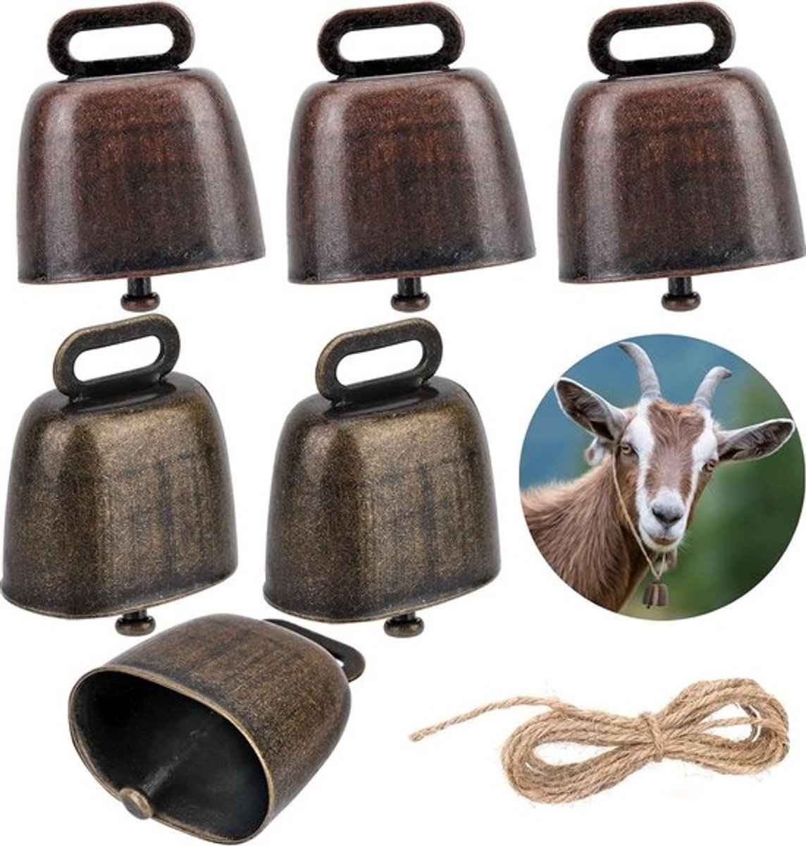Cowbell 6 Pieces - Christmas Bells - Bell - Grazing Cowbell - Metal Cow Bell Small Bells - Goat Bell - Horse - Doorbell - Dog Bell - Christmas Decoration - Brass Ship's Bell - Animal Bells - Table Bell/Hand Bells - Decorative Bells - Farm - Animal Gift