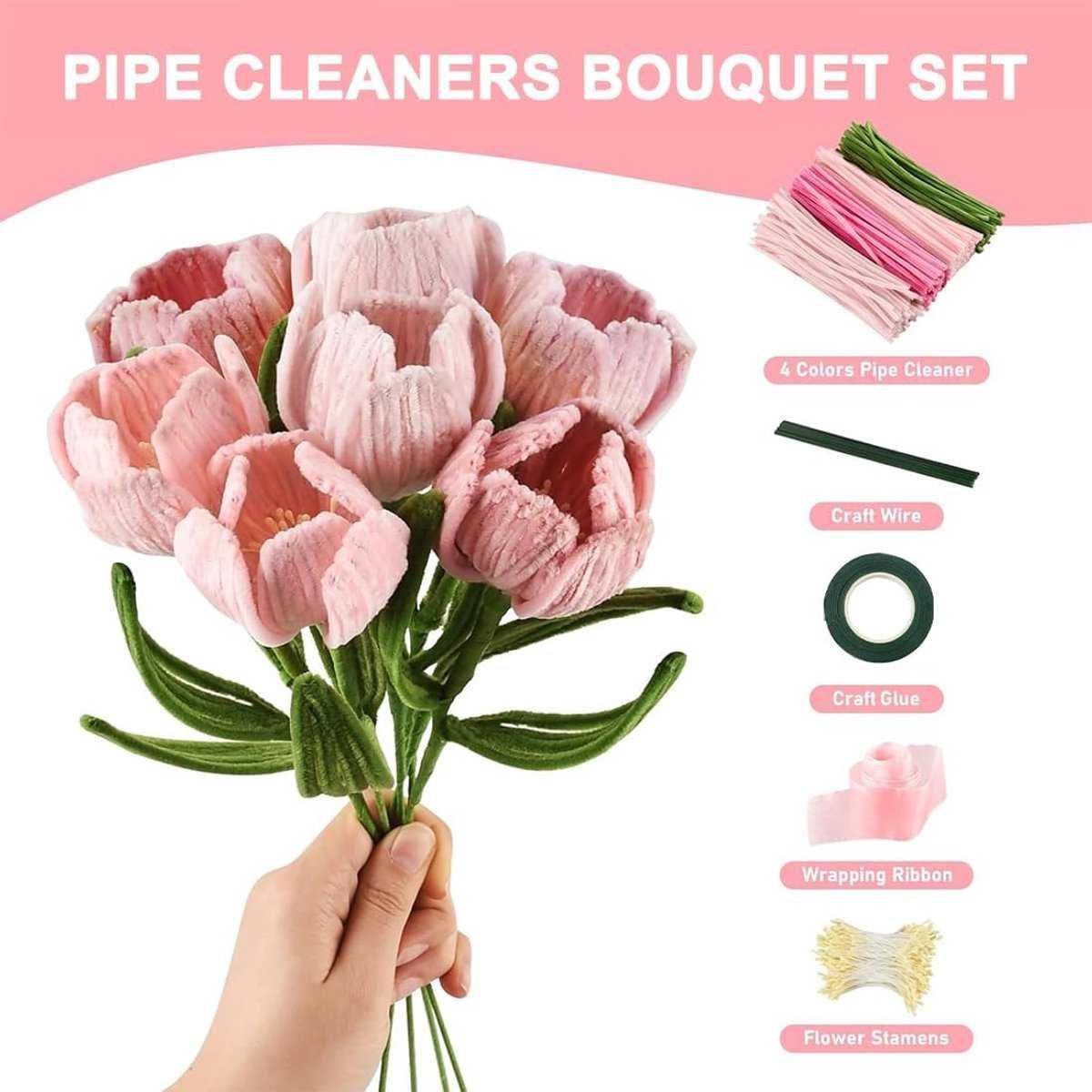 400 pieces - Pipe cleaners - Twister Sticks - Colored Pipe cleaners - Chenille Wire - Thick pipe cleaners - with accessories - craft supplies - for DIY art projects, creative floral supplies, Christmas party decorations - 30cm - pink