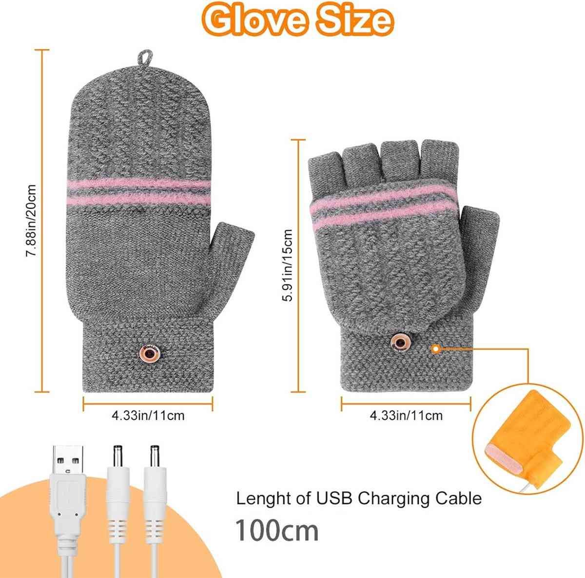 Heated Gloves - USB Heated Mittens - Heated Gloves - Electric Winter Gloves - Knitted Heated Gloves - Waterproof - Windproof - USB Rechargeable - Electrically Heated - One Size - Unisex - Winter Gift - Grey