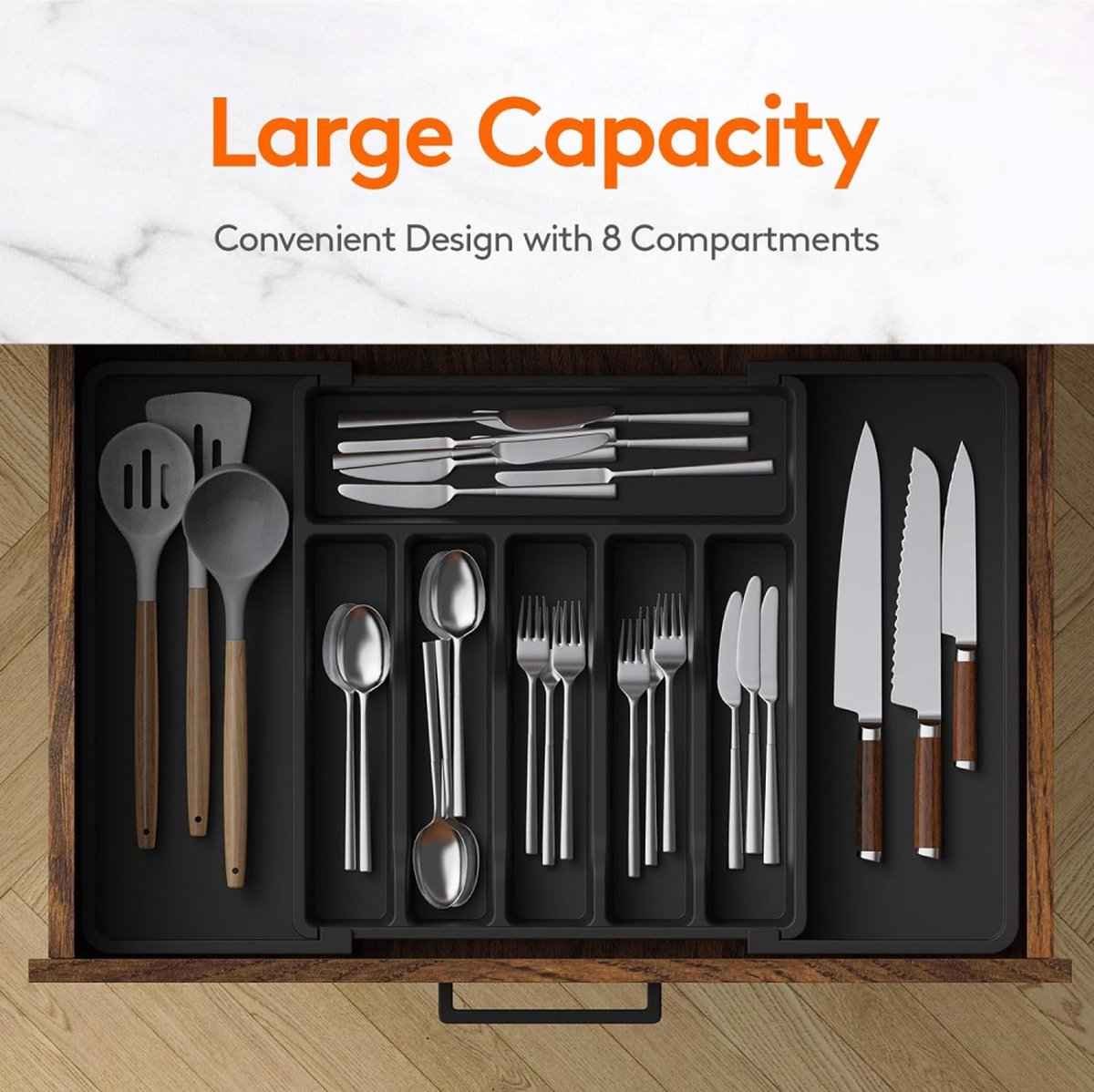 Extendable Cutlery Tray with 8 Compartments - 38 Cm Deep - Cutlery Cassette - Cutlery Drawer Organizer - Kitchen Cutlery Holder - BPA-Free - Organizer - Kitchen Drawer - Cutlery - 57 x 38 x 5 Cm Maximum Size - 33 x 38 x 5 Minimum Size - 6 to 8 Compartment