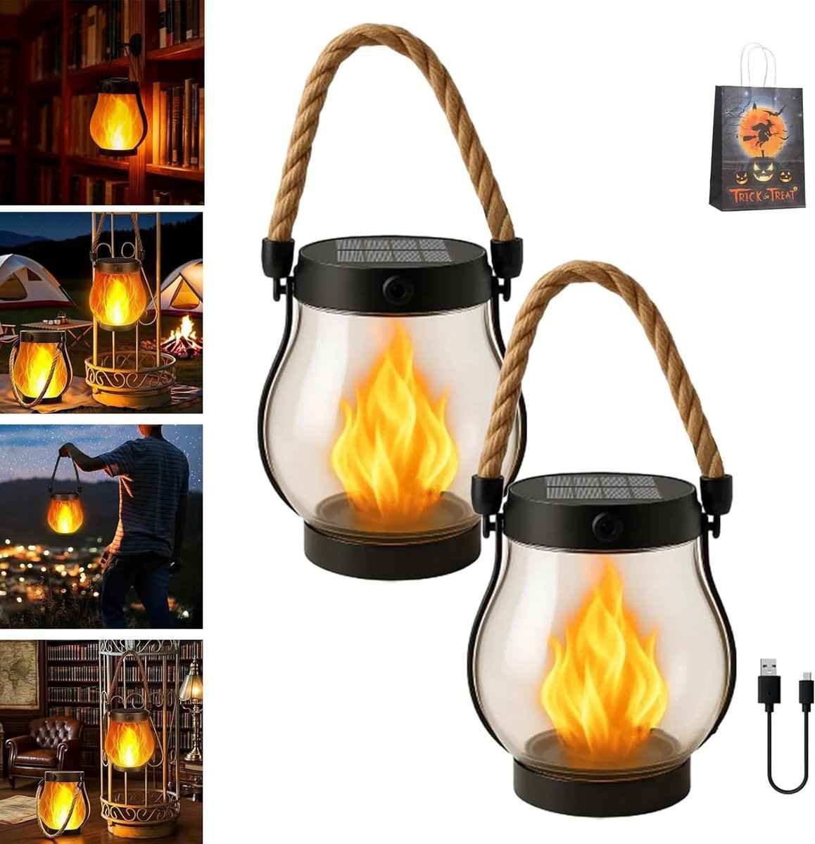 Outdoor solar lights - Solar garden lighting - Solar lantern - Dancing flame solar lanterns outdoor waterproof lighting - Hemp rope flame lamp - For camping garden patio garden halloween decoration (2 pieces)